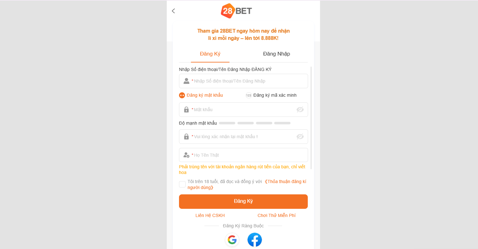Hướng Dẫn Đăng Ký 28BET Đơn Giản Trong 5 Phút 2 Biểu mẫu điền thông tin người dùng khi đăng ký trở thành hội viên 28BET